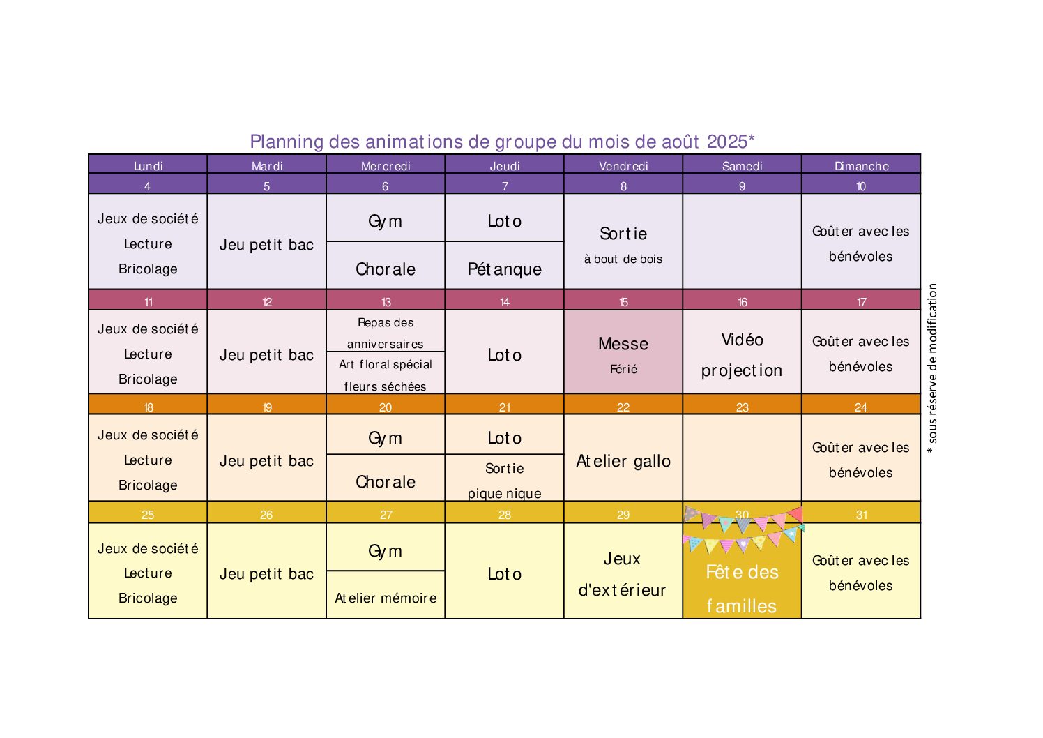 Planning des animations