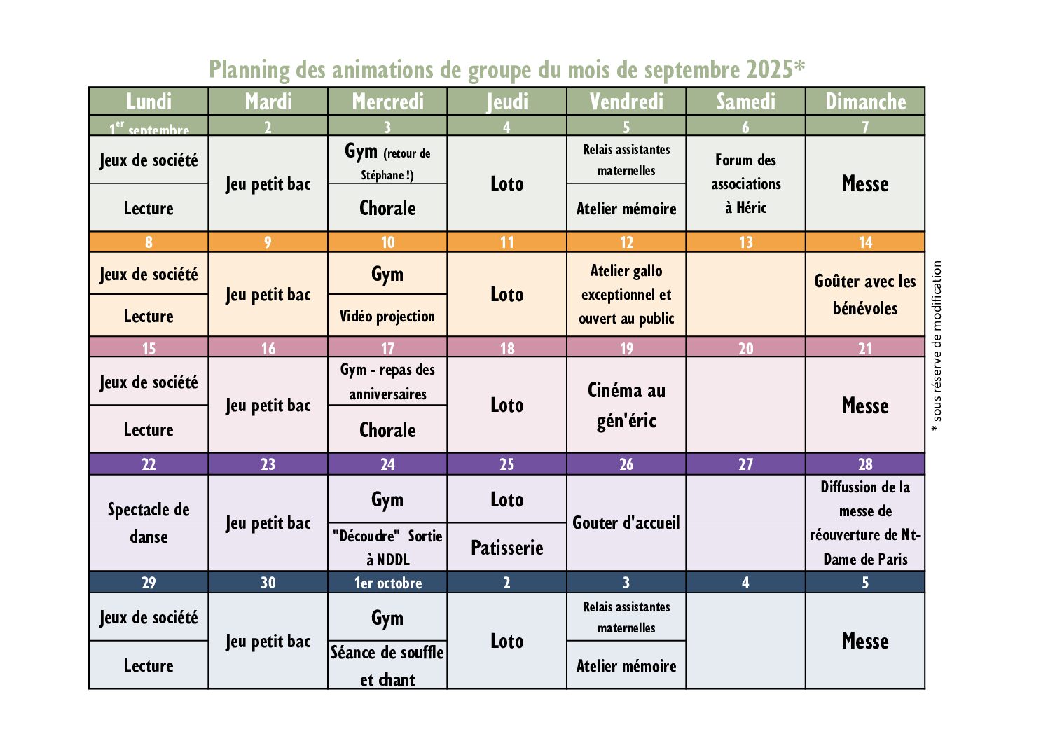 Planning des animations