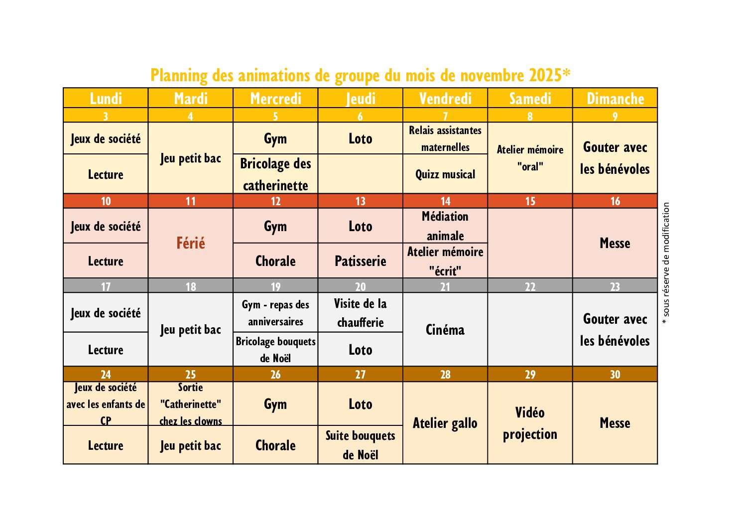 Planning des animations