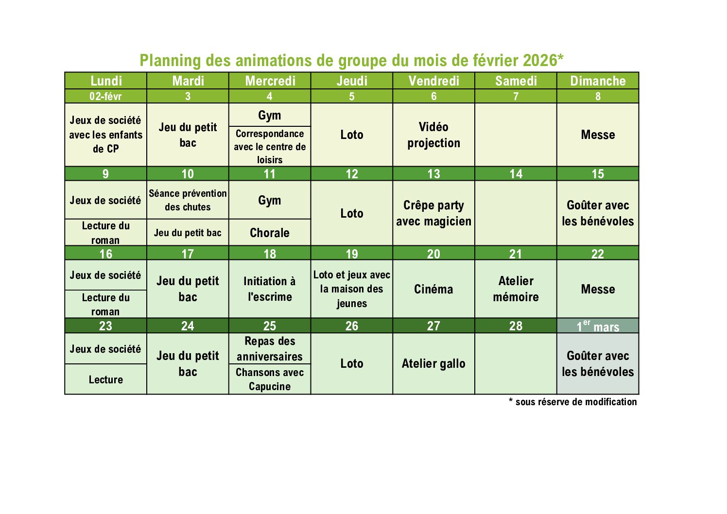 Planning des animations