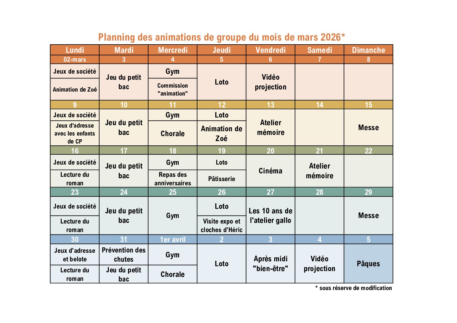 Planning des animations