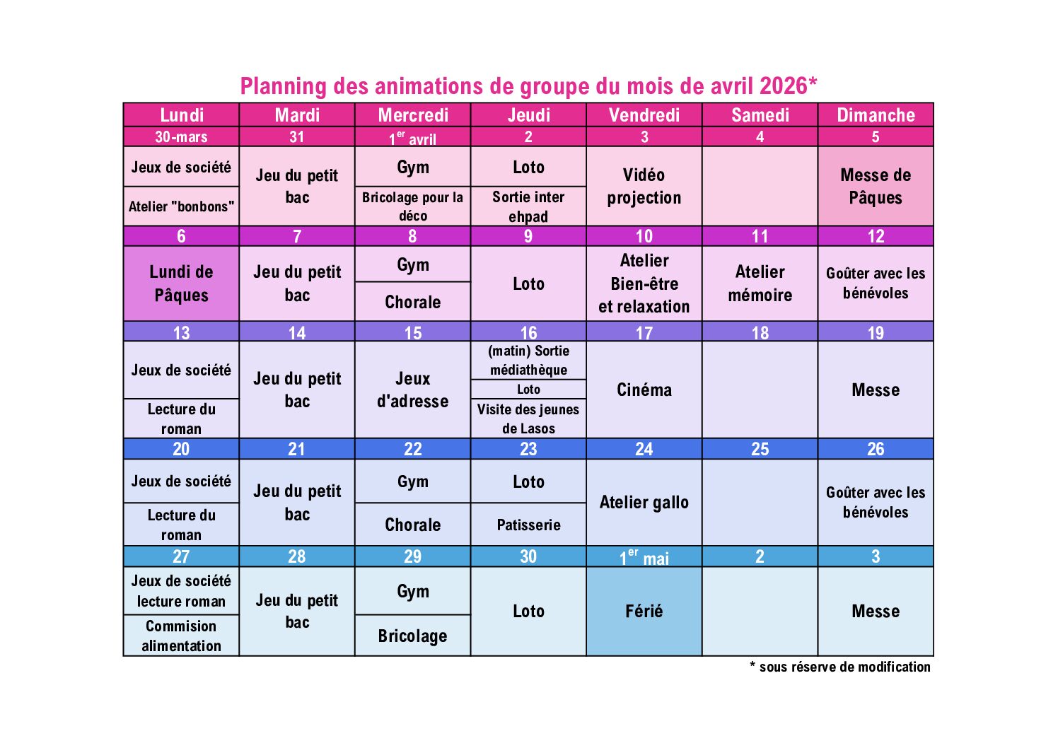 Planning des animations