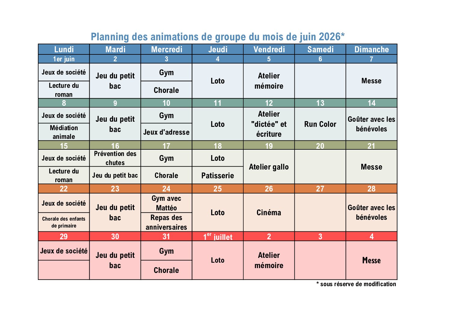 Planning des animations